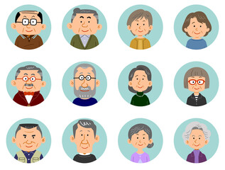 12人のシニアの男女のアイコン
