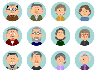 12人のシニアの男女の怒りの表情のアイコン
