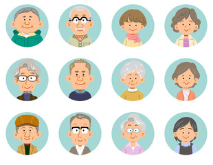 12人のシニアの男女のアイコン
