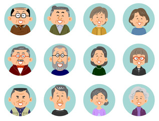 12人のシニアの男女の笑顔のアイコン

