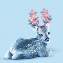 Fawn on a blue background with antlers garlands