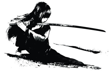 A beautiful Japanese girl with a katana in her hands stands in a fighting stance, she has a perfect face, long black hair and look of a samurai, dressed in a kimono swaying in the wind. 2d blob art