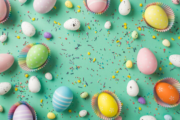 Fototapeta na wymiar Top view photo of easter decorations multicolored easter eggs in paper baking molds and confectionery topping on isolated turquoise background with copyspace