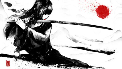 A beautiful Japanese girl with a katana in her hands stands in a fighting stance, she has a perfect face, long black hair and look of a samurai, dressed in a kimono swaying in the wind. 2d blob art - 490647993