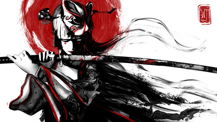 A charming and sinister young samurai girl with a fox mask on her head and a sharp bloody katana in her hands, she looks straight into eyes in a fighting stance, wearing a kimono with patterns. 2d art - obrazy, fototapety, plakaty