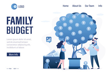 Fototapeta na wymiar Family budget, landing page template. Love couple growing money tree. Father watering plant. Mother take profit. Wallet with banknotes and credit cards