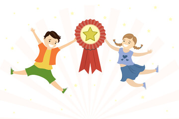 Happy caucasian kids in jump. Successful team holds winner medal. Award ceremony for winners. Cute smiling children. Quality mark with star, reward. Best school students.