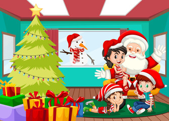 Santa Claus with happy children in the room scene