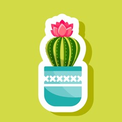 Sticker Cacti and succulent plants in flower pots. Vector sticker set of cute green cacti and succulents in pots. Collection of houseplants in pots. Isolated on white background.