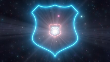 Defense Shield Police Badge Shape Outline Glowing Neon Light Tunnel - Abstract Background Texture