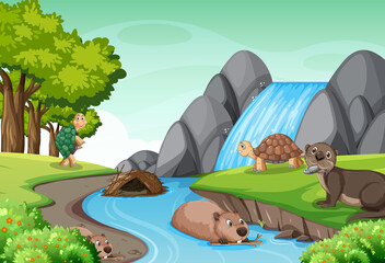 Fototapeta na wymiar Waterfall in the forest with tortoises and beavers