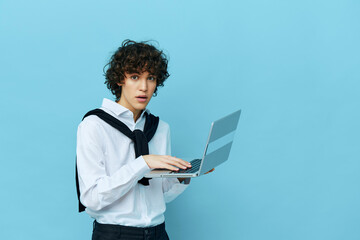 curly guy laptop work online finance Professional isolated backgrounds