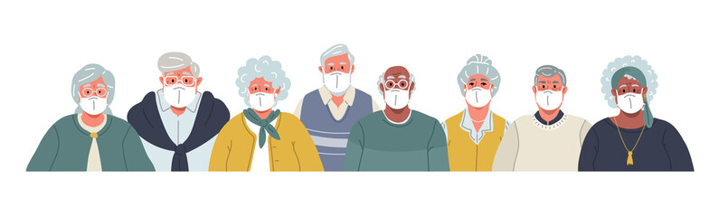 Diverse senior people in medical masks.Vector illustration