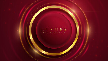 Golden circle on red luxury background with glitter light element and bokeh effect decoration.