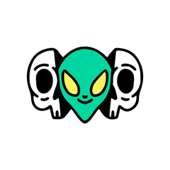 Two half of skull face with alien inside. Illustration for t shirt, poster, logo, sticker, or apparel merchandise.