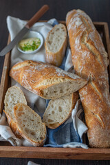 Home made fresh french Baguette loafs on a table