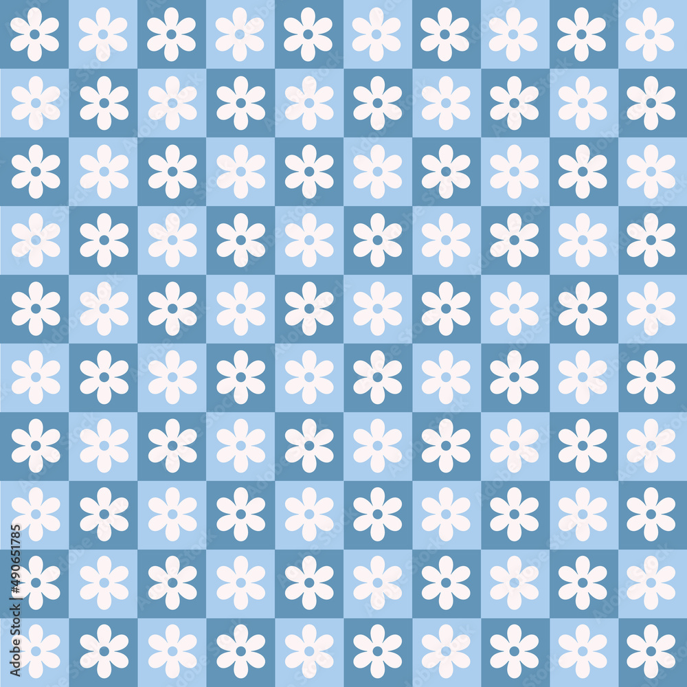 Poster checkerboard monochrome seamless pattern with geometric shaped flowers. colorful vector background i