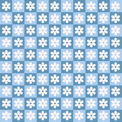 Checkerboard monochrome seamless pattern with geometric shaped flowers. Colorful vector background in retro style 60s, 70s. Blue and white colors