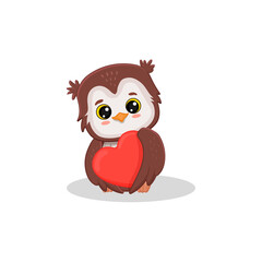 Сute cartoon owl with heart on white background. Сoncept design for cards, invitations, valentine's day cards.