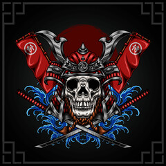 skull head with samurai helmet vector illustration