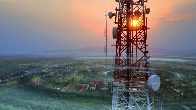 4k video aerial view of antenna tower, transmission tower Send signal 4g 5g 6g network spread all over the world.	