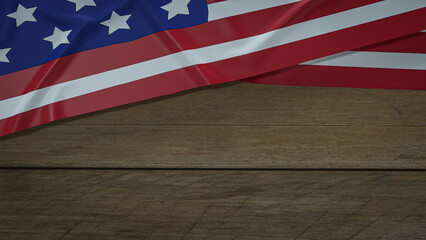 Obraz premium The Usa flag on wood table for Independence Day background 3d rendering.