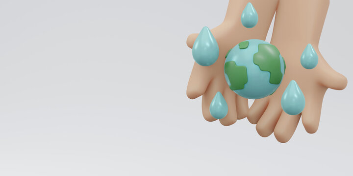 3D Rendering of hand holding earth icon with water drop with copy space on white background concept of world water day. 3D Render illustration cartoon style.