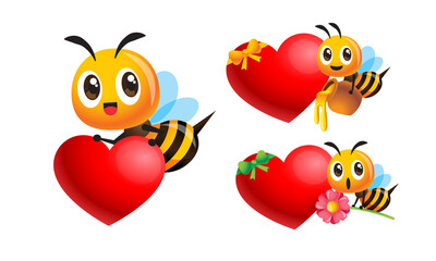Collection of cartoon cute bee with empty heart shape signboard. Bee character holding honey pot and flower with blank love sign for mothers day and valentines day. Vector character illustration