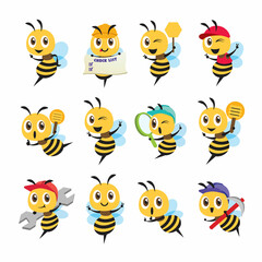 Collection of flat design cartoon cute bee character set in different poses. Bee holds different items and different action. Vector bee mascot set - obrazy, fototapety, plakaty