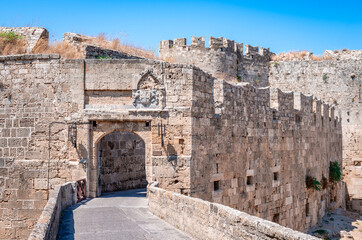 The gate of St Athanasius, part of the fortification of the medieval town of Rhodes, Dodecanese, Greece.