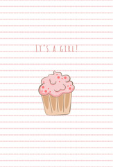girl baby shower greeting card with pink muffin and text it's a girl