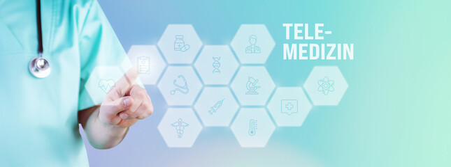 Tele-Medizin. Männlicher Arzt zeigt mit Finger auf digitales Hologramm aus Icons. Text mit medizinischen Begriff. Konzept für Digitalisierung in der Medizin