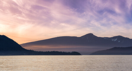 Canadian Nature Mountain Landscape on the Pacific Ocean West Coast. Colorful Winter Sunset Art Render. Taken in Howe Sound near Horseshoe Bay, West Vancouver, British Columbia, Canada. Background