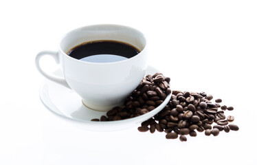 Coffee cup and beans isolated on white background