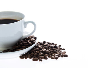 Coffee cup and beans isolated on white background