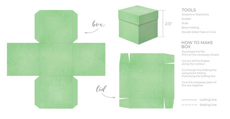 Printable template DIY party favor square box for birthdays, baby showers. Green Gift box template for cute candies small presents. Isolated on white background. Print, cut out, fold, glue.