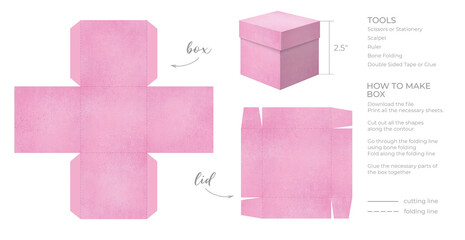 Printable template DIY party favor box for birthdays, baby showers. Gift pink square box template for cute candies small presents. Isolated on white background. Print, cut out, fold, glue. - 490655349