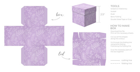 Printable template DIY party favor box for birthdays, baby showers. Gift purple square box template for cute candies small presents. Isolated on white background. Print, cut out, fold, glue.