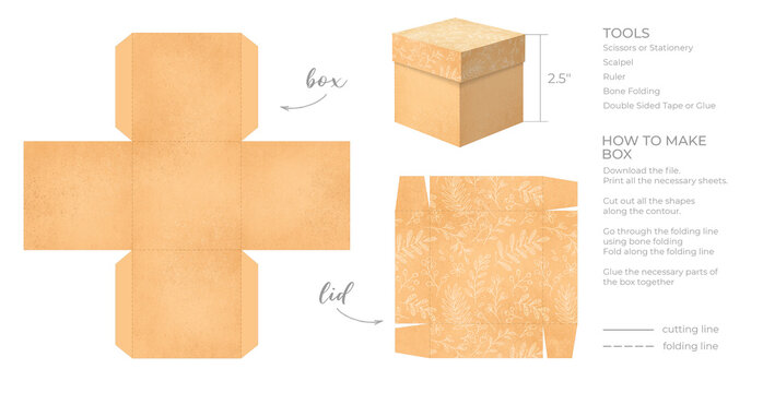 Printable template DIY party favor box for birthdays, baby showers. Gift orange square box template for cute candies small presents. Isolated on white background. Print, cut out, fold, glue.
