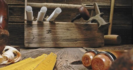 Vintage carpentry tools. with chisels, planes and tampers.