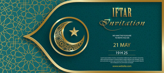 Iftar invitation card for Ramadan Kareem on Islamic background with crescent moon and gold pattern on paper color background for event and party