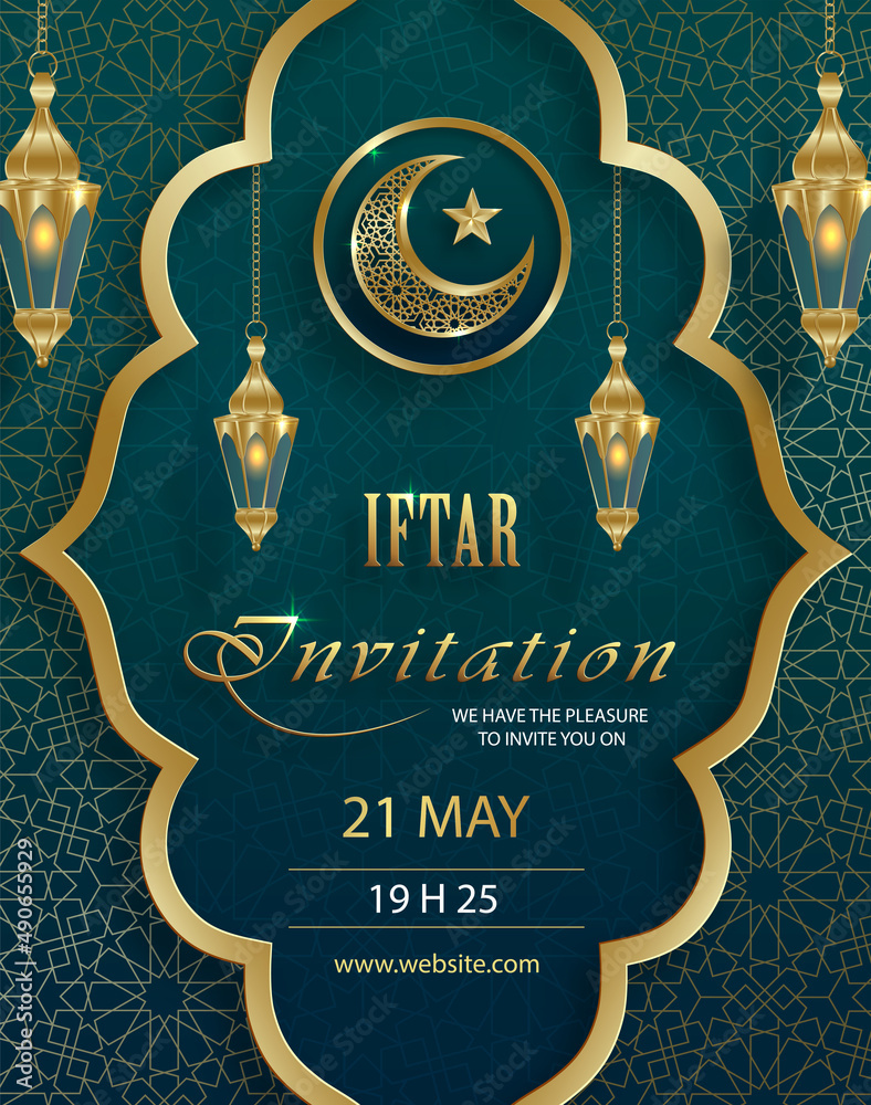 Wall mural Iftar invitation card for Ramadan Kareem on Islamic background with crescent moon and gold pattern on paper color background for event and party