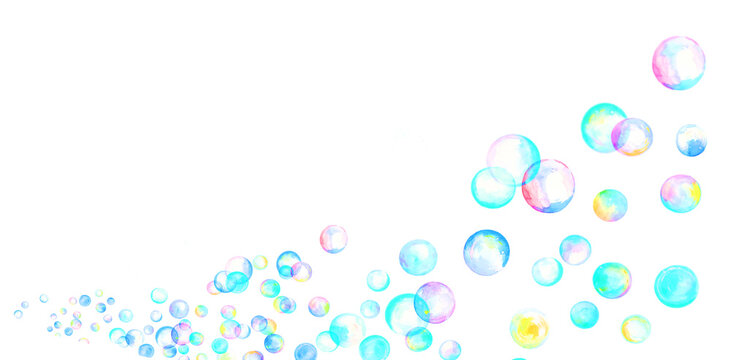 水彩で描いたカラフルなシャボン玉のイラスト素材　フレーム素材 春のイラスト素材　水色	
