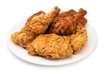 Fried chicken in white plate isolated on white background, Fried chicken on white With clipping path.