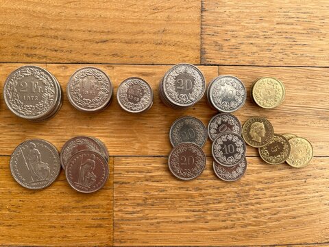 Swiss francs and centimes on a parquet floor. Coins of Switzerland. Money