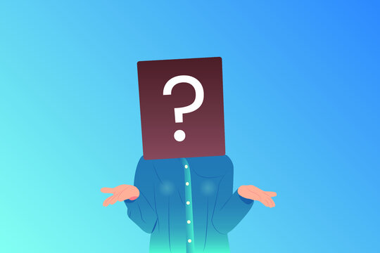 Isolated Shot Of Beautiful Confused Woman In Blue Shirt And Question Mark Box On Head. Suitable For Designers, Editors, Photos On Websites, Instagram And Other Related Things