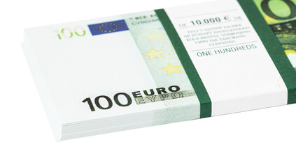 Pack of 100 Euros isolated on white background.
