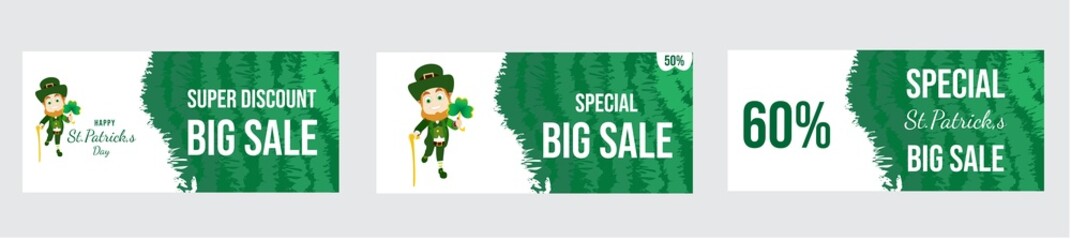 Collection of three sales banner templates for St Patrick's Day. Special offer for business, green paper cut background with clover