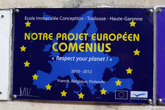 comenius europeen logo brand and text sign on European union map in Toulouse immaculate conception catholic school