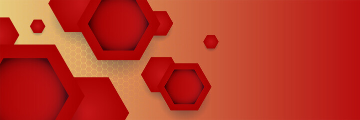 Modern abstract dark red banner background. Hexagonal red and orange colorful Abstract wide banner design background
